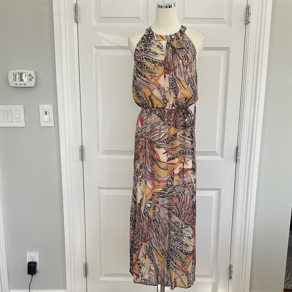 Nwt Etcetera Halter Sleeveless Maxi Elastic Waist Dress Burgundy Yellow Size 6